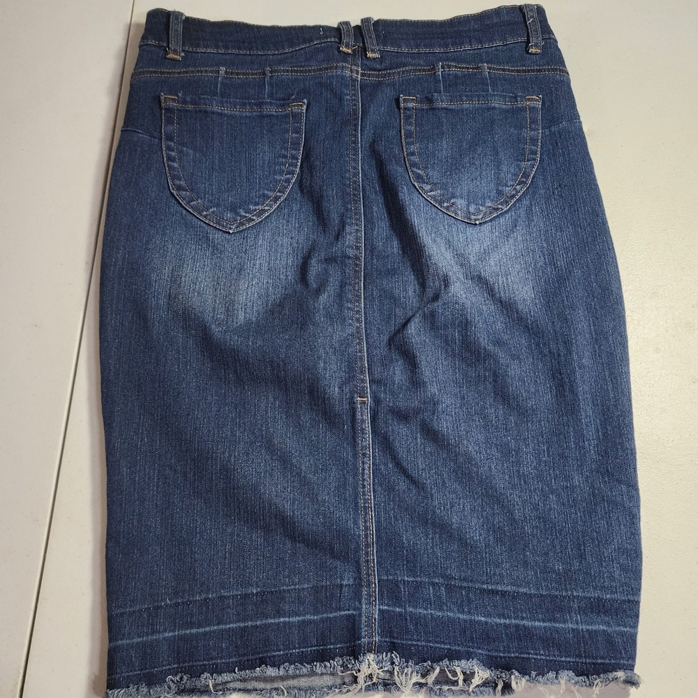 A2Y Women Dark‎ Wash Denim Pencil Skirt Raw Hem Stretchy Size L B1001
